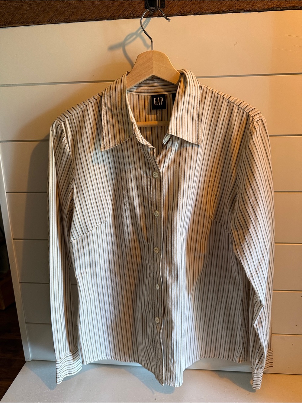 GAP Women’s Cream and Brown Thin-Stripe Button-Down Shirt